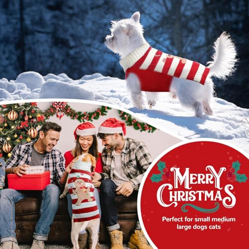 SKXEO Weihnachten Hund Pullover Kostüm, Neujahr Haustier Kostüm warm Winter Pullover gestrickt Weihnachten Haustier Kleidung für Welpen Katze Hunde (Gestreifter Lebkuchenmann-Pullover, S)