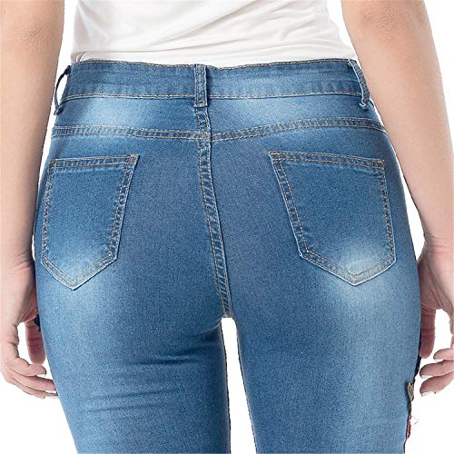 Andongnywell Women High Waist Embroidered Destroyed Ripped Skinny Jeans Flower Embroidery Denim Pants Trousers4