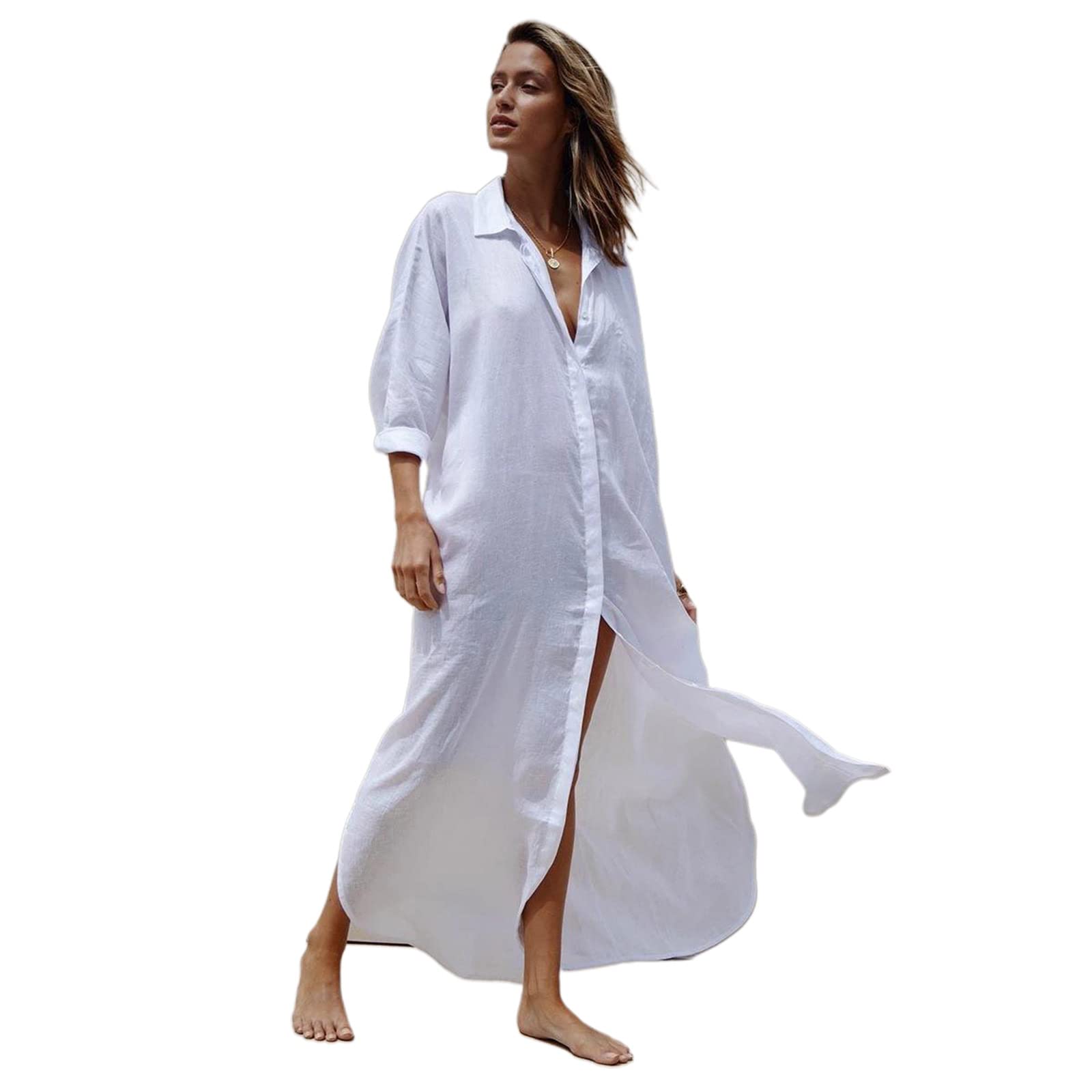 SANRLO Traje de baño para mujer para playa, algodón, con botones, kimonos, cárdigans, salida de baño, salida de baño, camisa larga con abertura lateral, camisa de traje de baño para mujeres y niñas