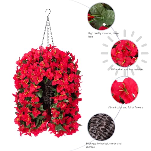 Image of INSPRING Artificial Bougainvillea Faux Flowers Plants Baskets for Outdoor Outside Decoration, 3PCS Fake Silk Flowers Long Trailing Vines UV Resistant Realistic for Front Door Porch Patio (Red)