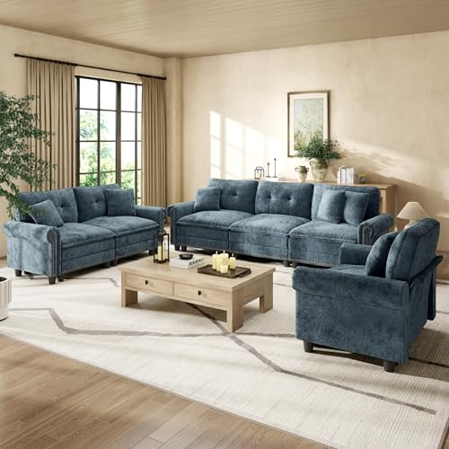 Image of HERA'S HOUSE Modular Sectional Sofa Set for Living Room 3-Piece Deep Seats | Mid-Century Modern 6-Seater Cloud Sofa Set, Cyan, Rolled Arms & Nailhead Trim, Wider & Deeper Seats, Chenille Furniture Set