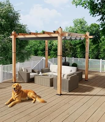 GarveeLife 10 x 10 ft Wood-Grain Aluminum Pergola Outdoor Pergola with Retractable Canopy Sun Shade Shelter for Garde Patio Backyard Deck - Gray
