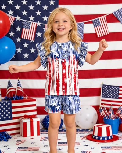 Image of Toddler Girls July 4th Shirts American Flag Ruffle Short Sleeve Patriotic Red White Blue Star Outfits Blouse Tops