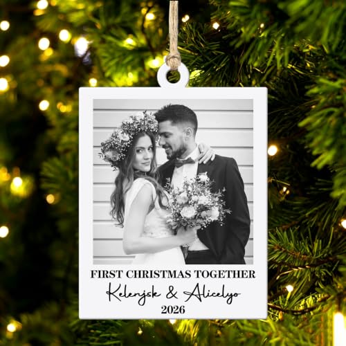 Personalized 2026 Photo Frame Couple Christmas Ornament,Custom Picture & Names First Christmas Together 2D Flat Acrylic Hanging Decor,Keepsake Gift for Engaged Lovers Newly Married Couples