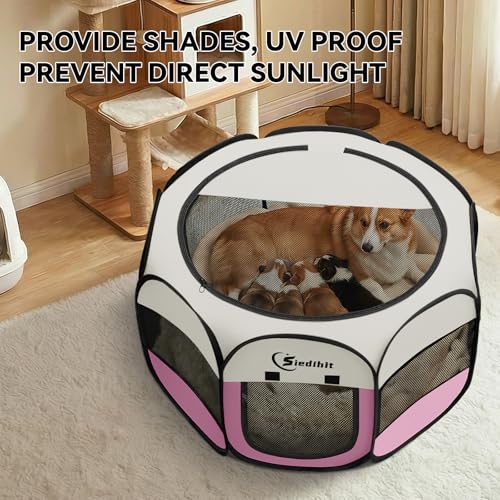 Image of Siedihit Pink Puppy Playpen for Middle Dog Cat, Dog Tent Crates Cage Indoor /Outdoor, Portable Pop Up Dog Kennel with Carrying Bag for Rabbits, (Pink, Medium)