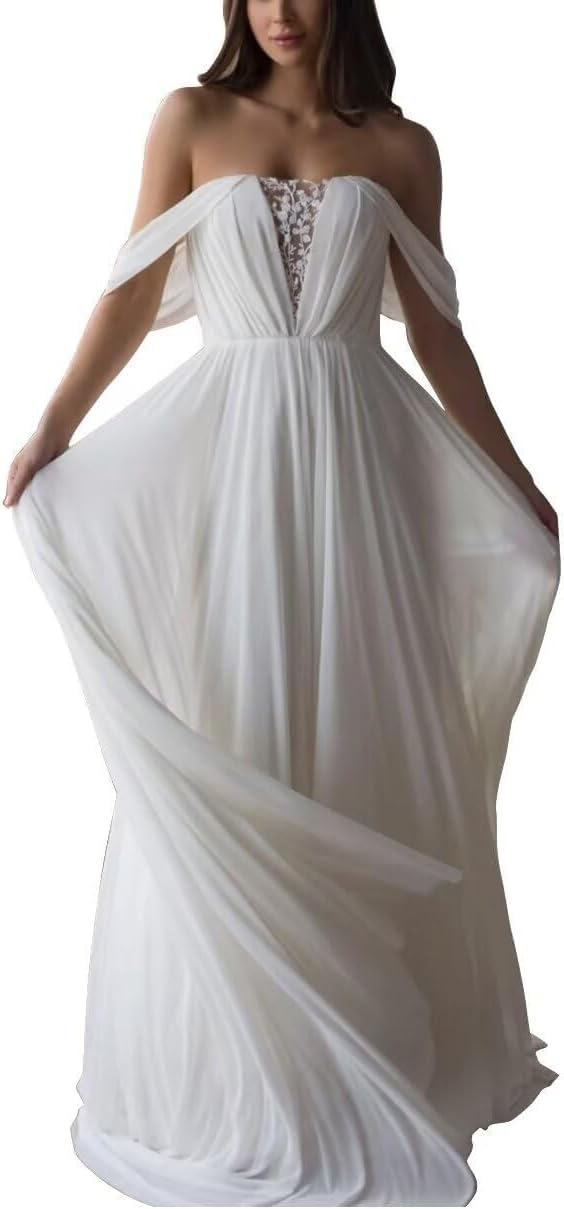 Generic Women's Off Shoulder Chiffon Wedding Dresses for Bride Simple Boho Beach Wedding Dress LAW500