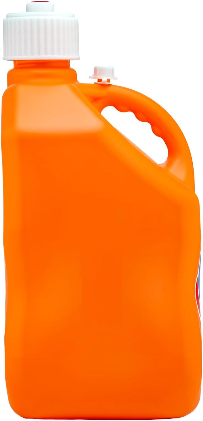 VP Racing 3572-CA, Square Motorsport Jug 5.5 Gallon - Orange, with Deluxe Filter Hose, Hose Bender, White Cap, and White Vent Cap - (2 Pack)