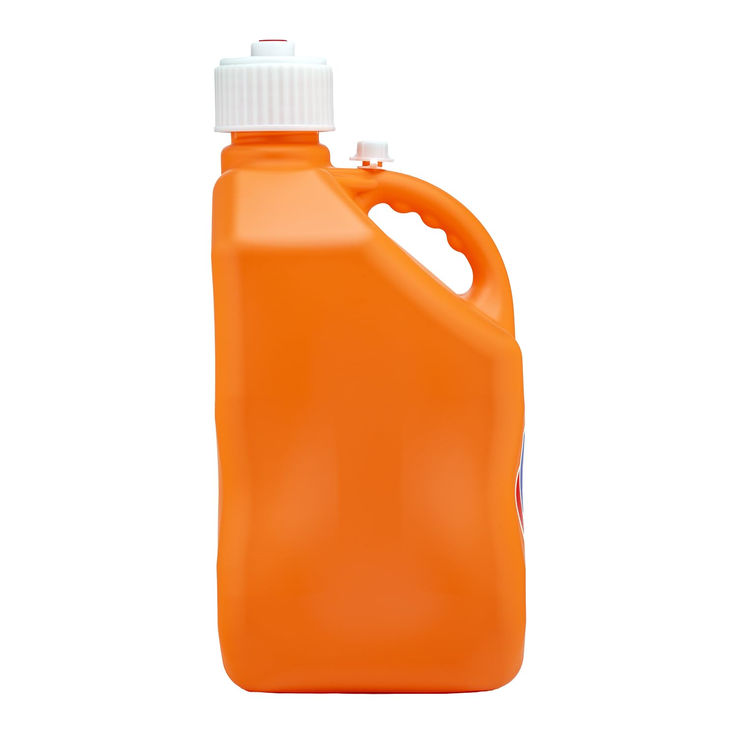 VP Racing 3572-CA, Square Motorsport Jug 5.5 Gallon -Orange, with Deluxe Filter Hose, Hose Bender, White Cap, and White Vent Cap - (1 Pack)