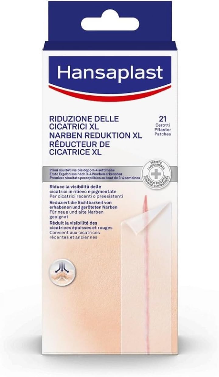 Hansaplast Cerotti Riduzione delle Cicatrici XL, Hansaplast cerotti cicatrici grandi, trasparenti e discreti per cicatrici recenti o preesistenti, 1 confezione da 21 pezzi da 3 x 14,6 cm