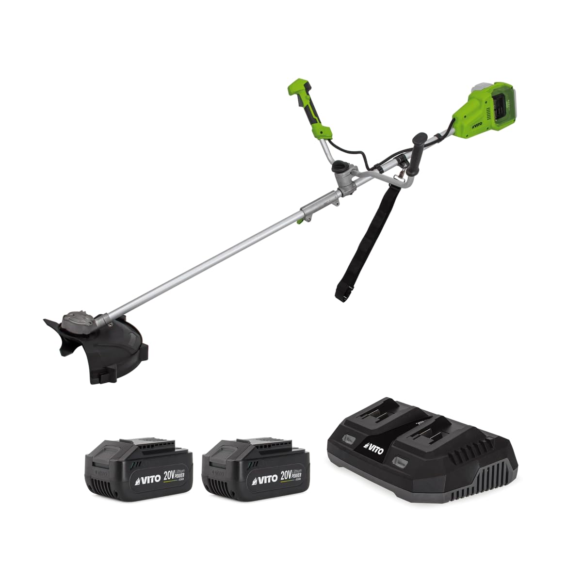 VITO - Bezprzewodowa podkaszarka 40 V + 2 baterie litowe 4Ah Ø 250-350 mm ostrze i drut nylonowy + podwójna szybka ładowarka