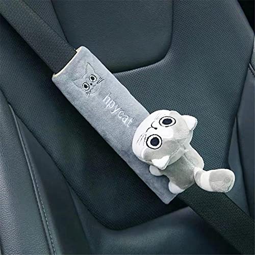 Image of Katutude Car Seat Belt Cushion Car Seat Belt Strap Cover, Cute Animal Plush Shoulder Strap Pad Seat Belt Cover Adjustable Super Soft Belt Protector for Kids Adults, Gray Cat