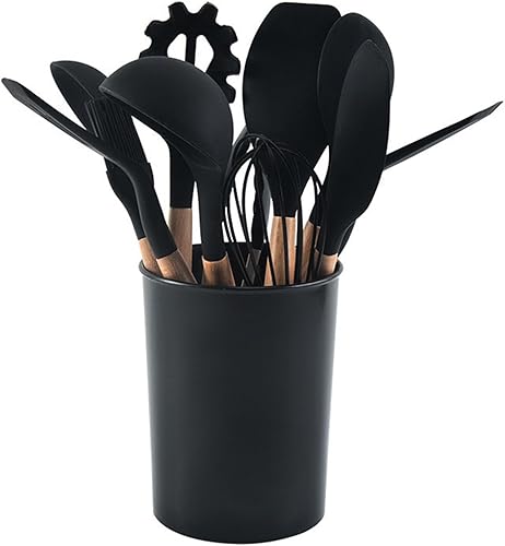 Miniatura 1 de Juego de utensilios de cocina de silicona de 12 piezas con soporte, resistentes al calor, sin BPA, apto para lavavajillas, negro, 4.9 x 13.1 in