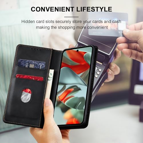 Image of Jasonyu Flip Wallet Case for Google Pixel 9 Pro XL,Leather Magnetic Folio Cover with Card Holder,Kickstand - TPU Shockproof Durable Protective Phone Case,Black