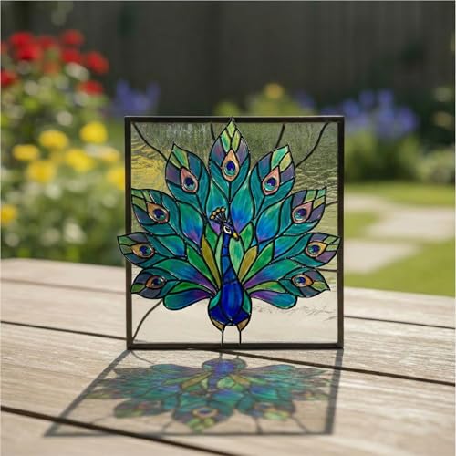 Image of The Crafthives Peacock Glass Painting Kit | DIY Stained Glass Peacock Art Set with Acrylic Frames, Colours, Brushes & Outliner | Creative Glass Painting Craft Kit for Kids Beginners Adults