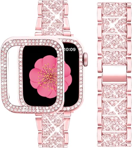 Image of SUPOIX for Apple Watch Band 46mm + Case, Bling Bands for Women (Rose Pink) | Shiny Metal Bands & 2 Pack Protective Cover Cases for iWatch Series 11 /10 46mm