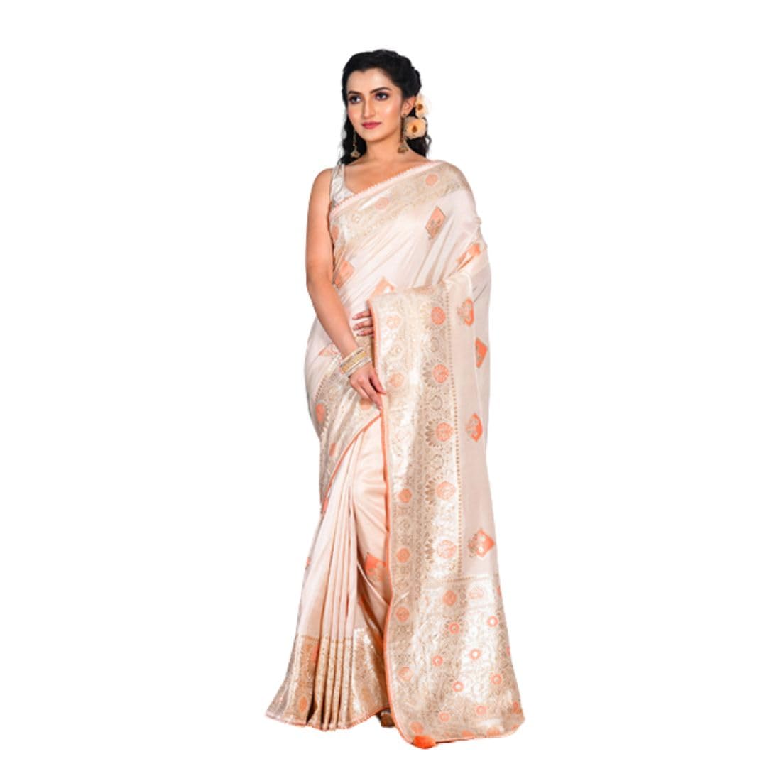 MORCHARI Women's Pure Dola Silk Printed Saree (Beige, JSS-791)