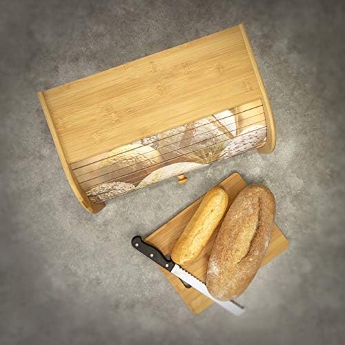 woodluv Bread Bin Countertop Bread Storage for Kitchen With Printed Roll Top Lid, 40 x 25.5 x 17.5 cm