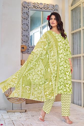Image of MIRCHI FASHION Women's Straight Fit Pure Cotton Sequins Thread Work Leaf Printed Kurta Set with Dupatta and Trouser