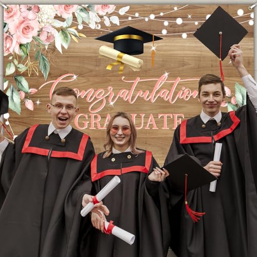 Avezano 8 x 6 ft Rustic Wood Graduation Banner Congratulations Graduate Party Decorations Background Pink Floral Grad Banner Backdrop for Photography by Avezano - Used condition - Image 6