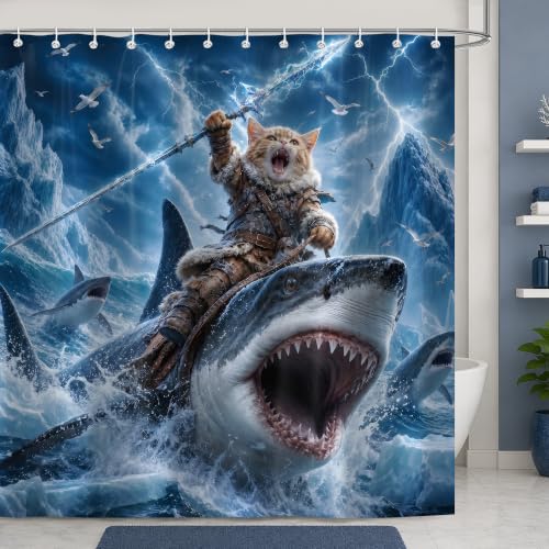 Image of iTapnoom Funny Cat Riding Shark Shower Curtain, Fun Cool Animal Ocean Nautical Coastal Blue Sky Boys Men Bathroom Decor, Waterproof Washable Fabric with Hooks 72x72 Inch