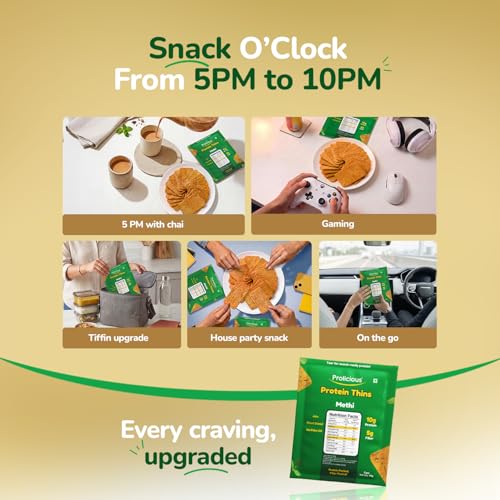 Image of Prolicious Thins Methi High Protein Chips | Upgrade Your Snacking | 10g Protein + 5g Fibre | Same Crunch, Snack Smarter | Plant Based, Jain | No Palm Oil | 50g, Pack of 4
