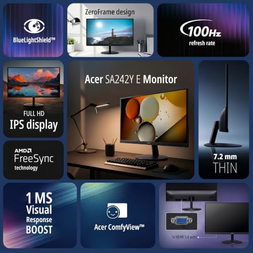 Image of Acer SmartChoice SA242Y E 23.8 Inch Full HD IPS Monitor I 100Hz Refresh Rate I 1ms VRB I AMD FreeSync I Ultra Slim ZeroFrame Design I VisionCare I HDMI & VGA Inbox HDMI Cable I VESA Mount I Black