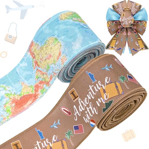 2Rolls 20 Yards Travel Wired Ribbon Adventure Awaits World Map Airplane Printed Ribbon for Gift Wrapping Bow Wreath Making for Baby Shower Birthday Party DIY Craft Decorations