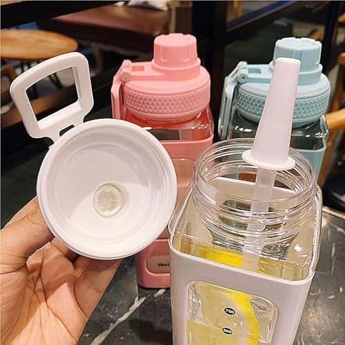 Image of Plastic Kawaii Water Bottle with Straw Cute Large Water Bottles with Kawaii Stickers Aesthetic Leakproof Square Drinking Bottle.700ML (Pink)