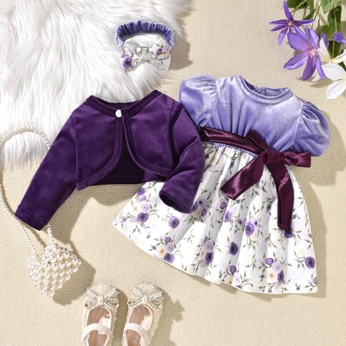 fioukiay Baby Girls Dress and Velvet Cardigan Sets Infant Girls Casual Floral Print Fall Dresses Winter with Headband2