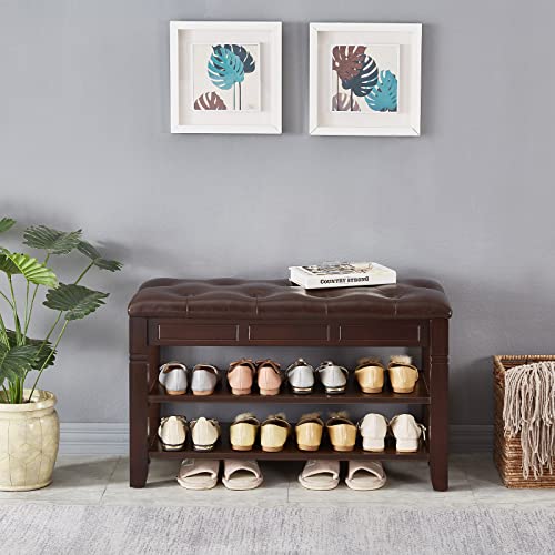 Zirkooon Shoe Storage Bench, Entryway Shoe Rack With Leather Seat 2-Tier Lift Top Organizer Wooden Bench For Entryway Hallway Living Room - Dark Brown (31.5X13.8X18.9'') #TOP3