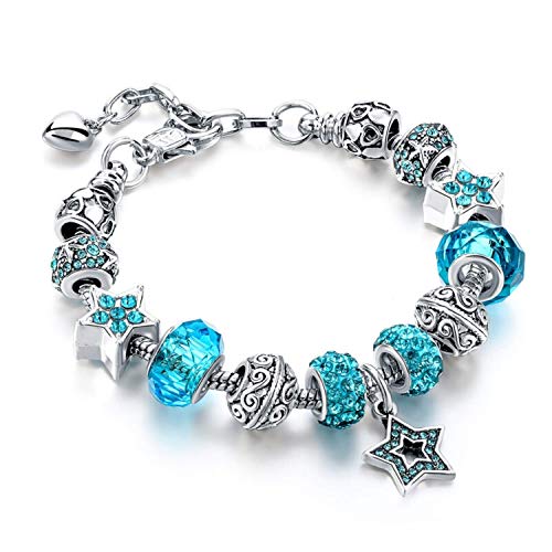 Capital Charms Silver Blue White Star Charm Bracelets for Women and Teen Girls, Jewelry Gifts Set with Beads and Snake Chain Extender, Adjustable Bracelet Fit 7.5"+1.5" (SkyBlue Star)