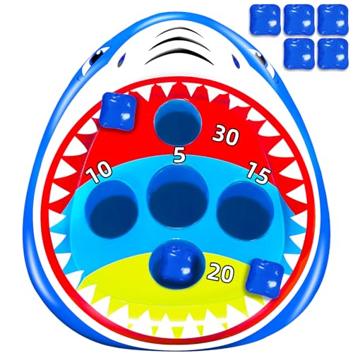 iGeeKid Inflatable Pool Toys Shark Cornhole Game Set with Upgraded 5 Holes & 5 Bean Bags for Multi-Player Adults, Floating Swimming Pool Toss Toy Summer Pool Party Beach Luau Hawaiian Supplies