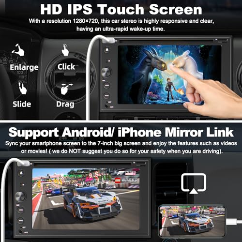 Image of Double Din Car Stereo with CD /DVD Player Apple Carplay & Android Auto, 7 Inch Car Radio with Bluetooth and Backup Camera, Touch Screen, Mirror Link, Steering Wheel Control, USB /TF /AUX Input, AM /FM