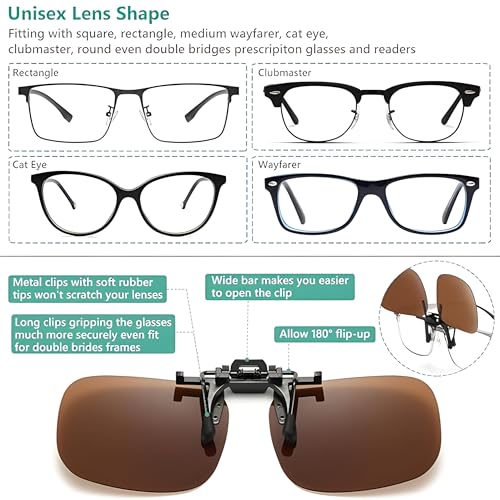 Image of Polarized Clip-On Sunglass Attachment for Prescription Glasses | UV Protection | Flip-Up Design | Includes Lens Cleaner, Microfiber Cloth & Storage Case | Men & Women