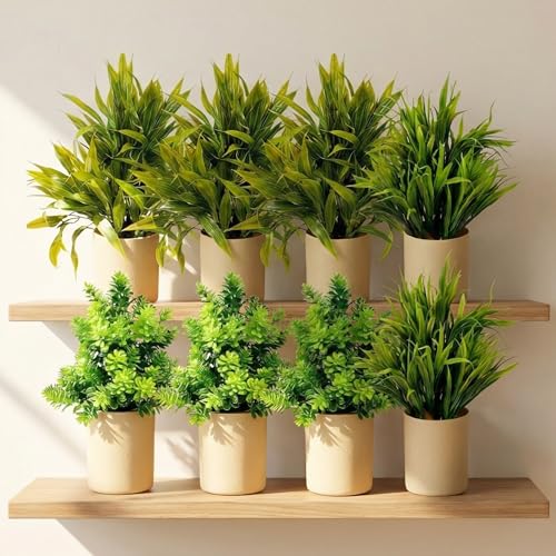 Image of Dekorly Artificial Potted Plants, Artificial Plastic Eucalyptus Plants Small Indoor Potted Houseplants, Small Faux Plants for Home Decor Bathroom Office Farmhouse (Cylinder Brown Pot-8)