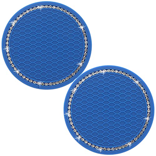 Bling Cup Holder 2Pcs Universal 2.75 inch Insert Coaster Car Interior Accessories Silicone Anti Slip Crystal Rhinestone, Blue with White Diamond