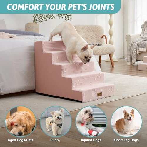 Image of COZY KISS Dog Stairs for Small Dogs 5-Step, 19.7 inch Extra Wide Right-Angle Pet Stairs for Couch and Beds, Anti-Slip Dog Steps for Old Cats and Lowrider, 19.7x29.5x23.6 inch, Pink