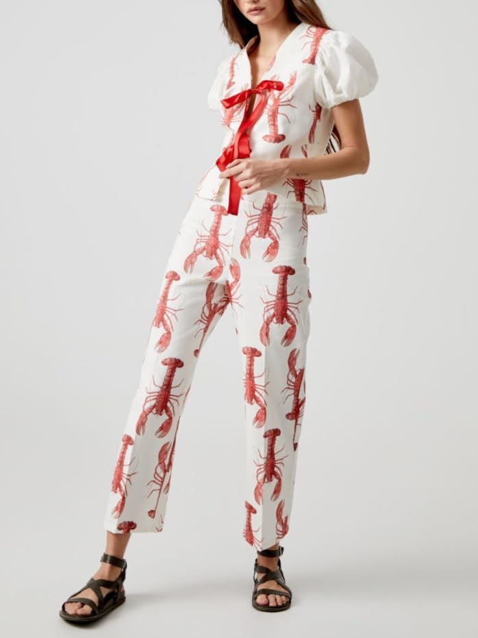 Image of Women Y2k 2 Piece Outfits Tie Front Pajamas Set Puff Short Sleeve Lobster Print Lace Up Tops with Pants Summer Outfit