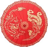 Bestage 32' Chinese Japanese Handmade Cloth Parasol Umbrella,Red Dragon Phoenix Decoration Art Dance Classical Umbrella for Wedding Parties Photography Costumes Cosplay