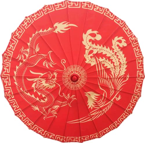 Bestage 32" Chinese Japanese Handmade Cloth Parasol Umbrella,Red Dragon Phoenix