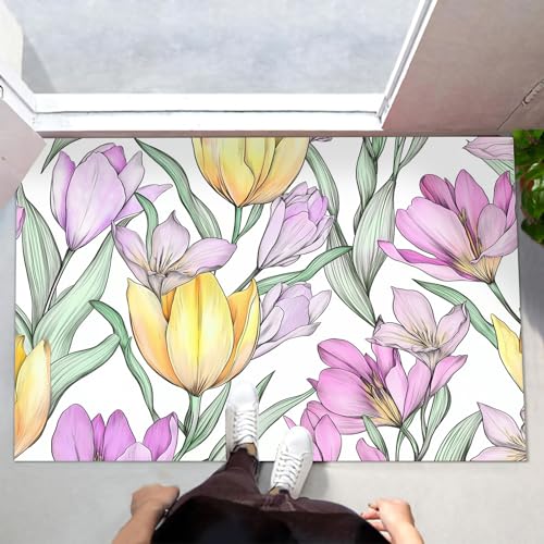 Paillasson d'entrée 80x120 cm lavable et antidérapant motif fleurs aquarelle - 3