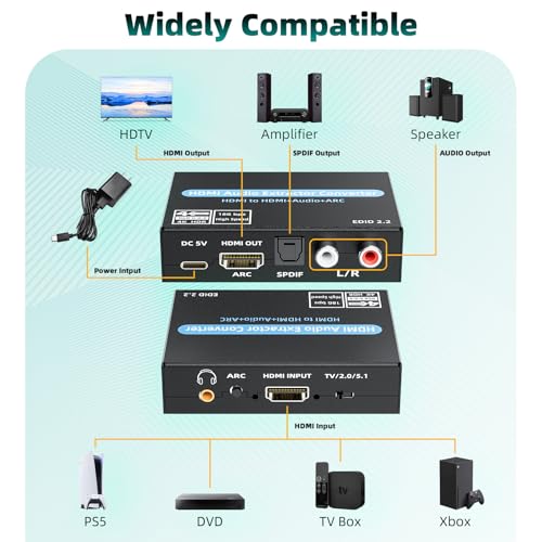 Image of HDMI Audio Extractor Converter, 4K@60Hz Audio Adapter with Optical SPDIF + 3.5mm Stereo + Analog RCA L /R Audio Adapter, HDMI ARC Converter Supports 5.1 HDCP 2.2 HDR 18Gbps, for PS5 Xbox HDTV