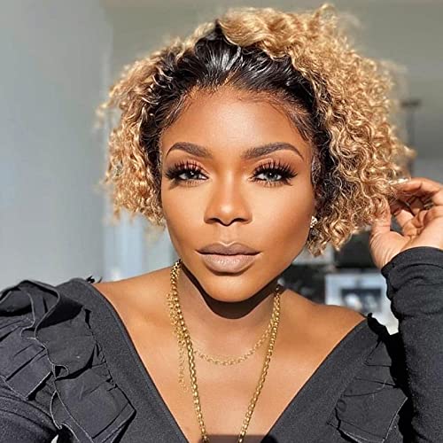 Mixed Blonde Pixie Cut 1b27 Ombre Colored 13x1 Lace Front Human Hair Wig Short Curly Bob Lace Front Remy Brazilian Hair Lace Wig 150% Density For Women Pre Plucked Glueless christmas gift