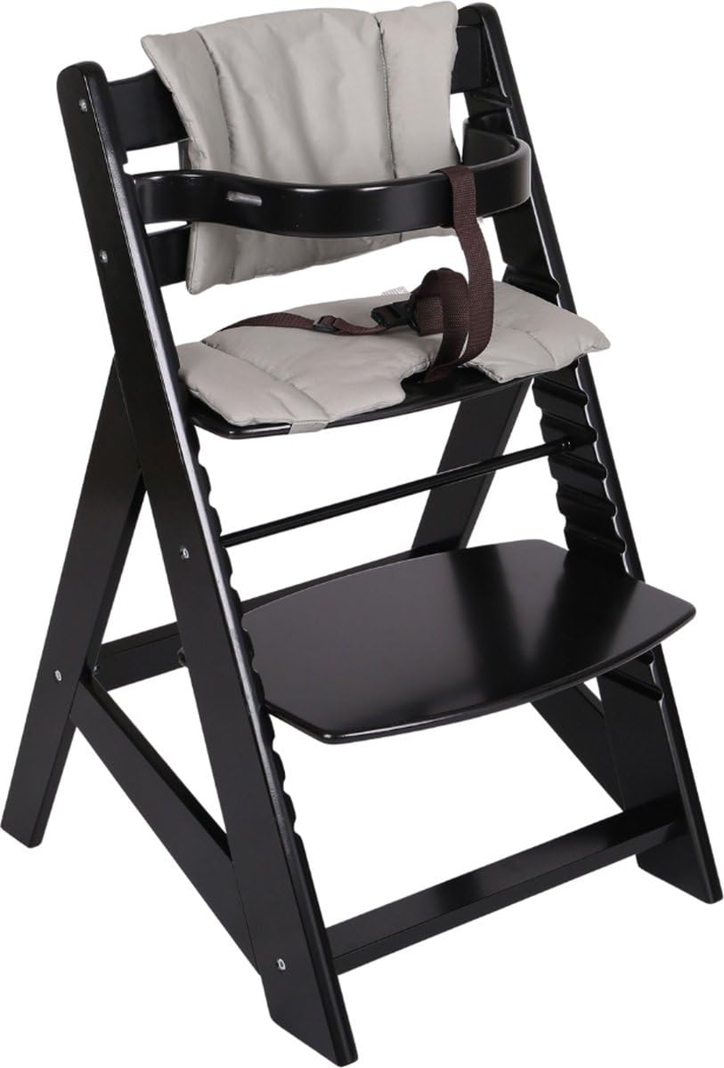 Drewniane Krzesełko Rośnie Razem z Dzieckiem – Z Tacką – Regulowane Krzesełko dla Dzieci – Z Poduszką – 48×58×80 cm – Czarny