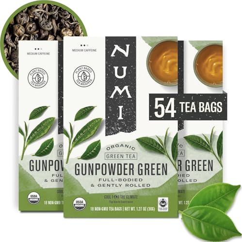 Numi Organic Tea Gunpowder Green, Full Leaf Green Tea, 18-Count Tea Bags (Pack of 3)