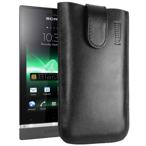 mumbi Sac en Cuir véritable Compatible avec Sony Xperia U, (Languette avec Fonction de rétraction, Aide à l'extraction), Noir