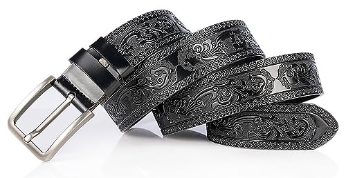 INOGIH Mens Western Floral Engraved Embossed Tooled Genuine Leather Belt - Square Buckle Casual Belt For Daily Decoration2