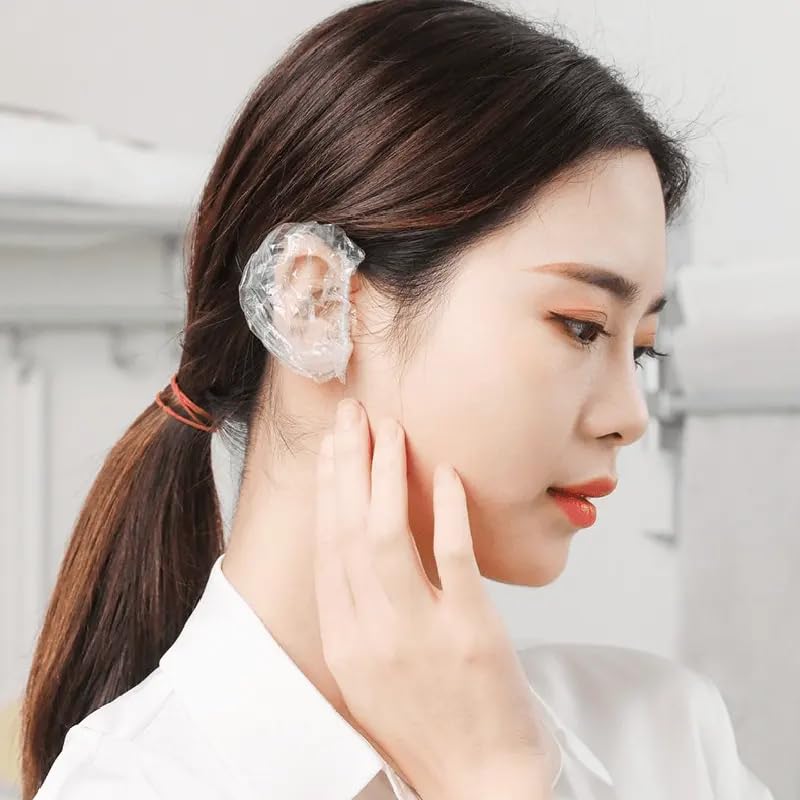 Image of DENMILE 200 PCS Clear Waterproof Ear Protectors Disposable Ear Covers for Bathing Hair Dye Shower & Hair Care Ear Cover for Bathing Salon Accessories Ear Caps for Shower Ear Cover Ear Cap