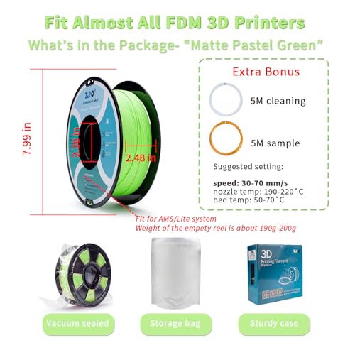 Image of ZIRO Matte Pastel Colors PLA Series,Tougher & Stronger, 1.75mm Pastel Green | Fit for Most FDM 3D Printer, 1.75mm 1KG Spool, Dimensional Accuracy + /-0.03mm, Colorful PLA FilamenT