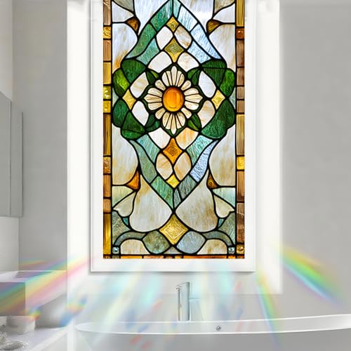 Image of Nuxovilar Stained Glass Floral Window Film, 17.7x39.4inch | Central Sunflower Pattern Static Cling for Home & Decor (Sparkle)